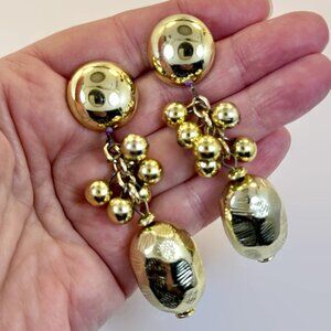 Gold Dangle Earrings, Retro Pierced, Vintage Earring, 1980s 80s, Long, Statement